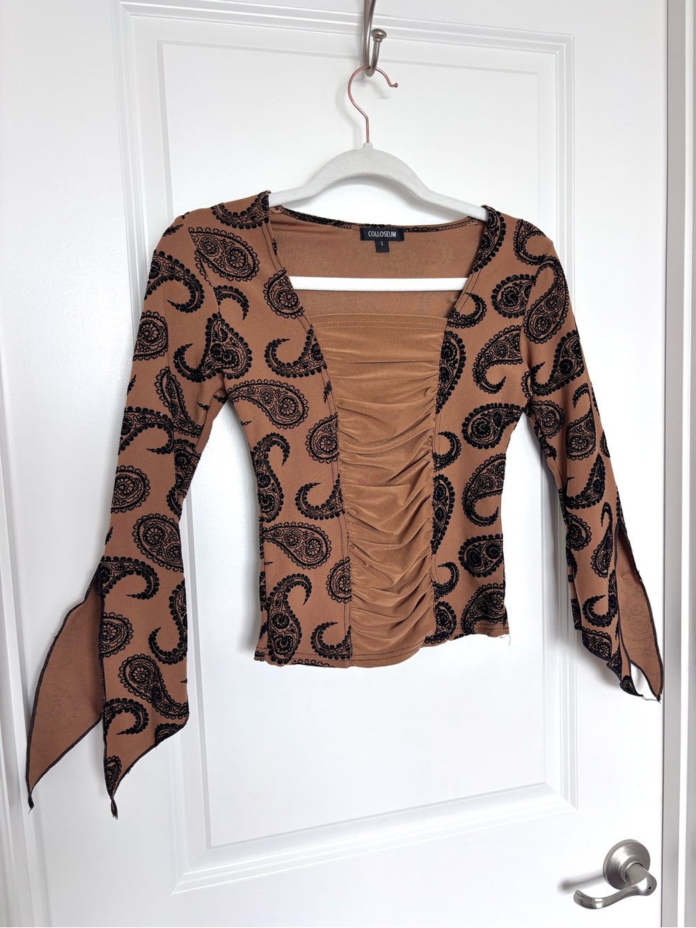 Vintage Paisley Mesh Bell Sleeve Top Boho Fairy Grunge Y2K Sheer Ruched Goth